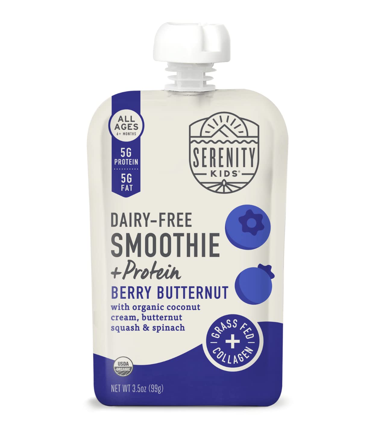 Serenity Kids 6+ Months Dairy-Free Smoothie Baby Food | Usda Organic | Grass Fed Collagen Protein | 3.5 Ounce Bpa-Free Pouch | B