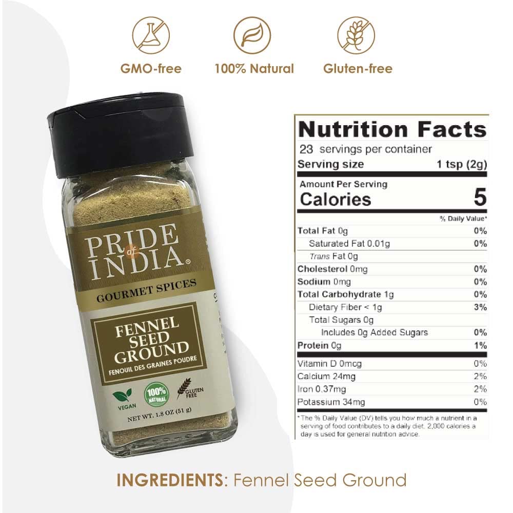 Pride Of India Fennel Seed Ground Spice - Natural & Gourmet - 1.8 oz Small Dual Sifter Jar