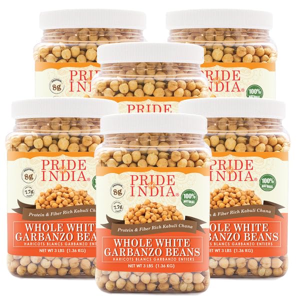 Pride Of India - PACK of 6 - Indian Whole White Garbanzo Beans 10mm - Protein & Fiber Rich Kabuli Chana, 3 Pound Jar