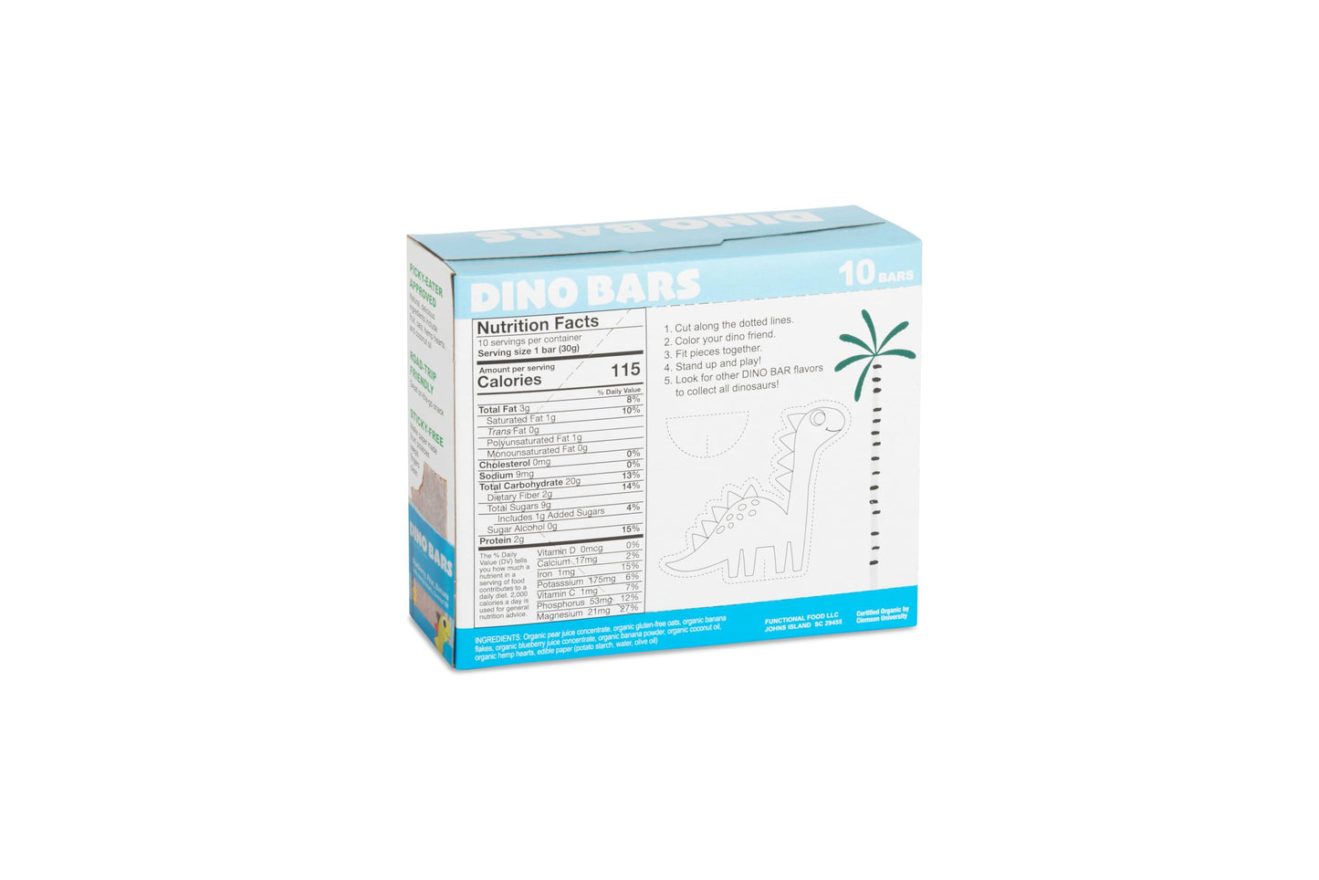 DINO BARS Organic Fruit Bar for Kids, Blueberry Flavor, 10 Pack, Edible Paper, Age 1+