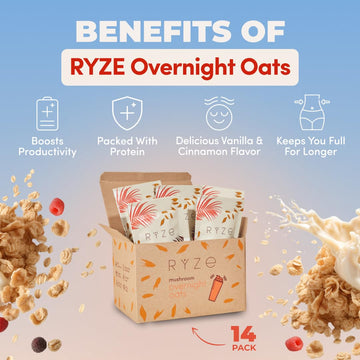 Ryze Mushroom Overnight Oats, Oatmeal With 6 Adaptogenic Mushrooms And 20G Grass-Fed Whey Protein & Chia Seeds, Turkey Tail, Shi