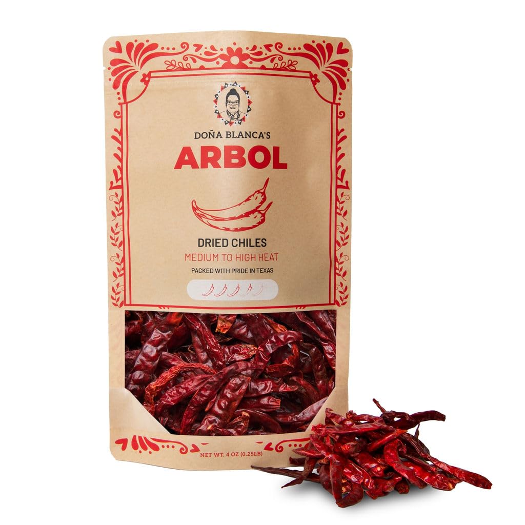 Doa Blanca Chile de Arbol 4oz - Dried Whole Red Chili Peppers - Premium Dried Stemless Chiles - Spicy Hot Heat - Use in Mexican,