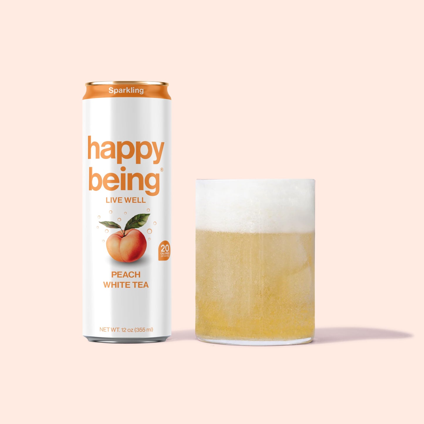 Happy Being Sparkling Peach Rose White Tea, Infused with Turmeric & Elderberry, Caffeine Free, 12oz, 4 Pack