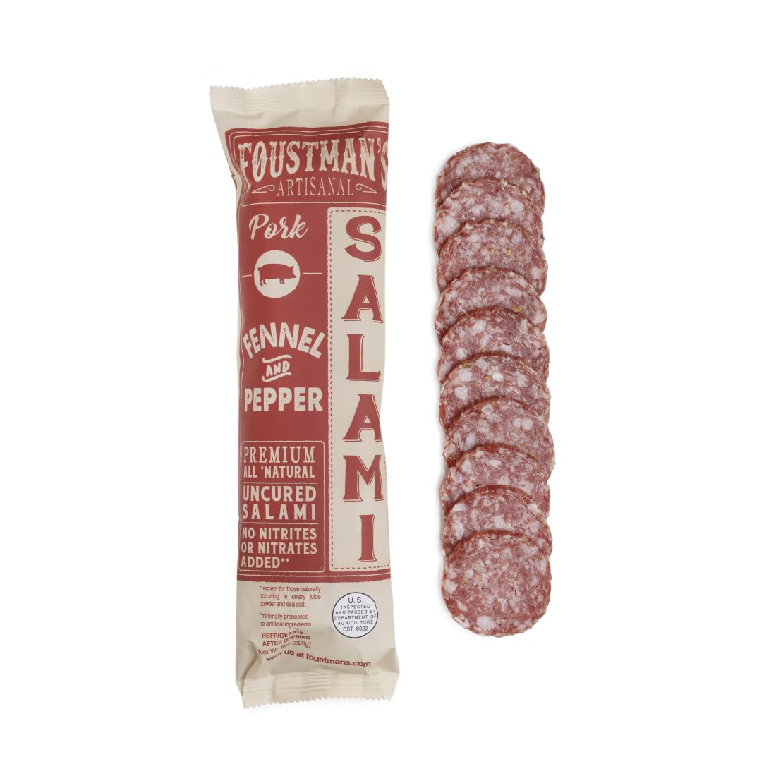 Foustmans Salami Fennel and Pepper Pork Artisanal, Nitrate-Free, Naturally Cured, Gluten-Free, Dairy-Free, 8 Oz Sticks