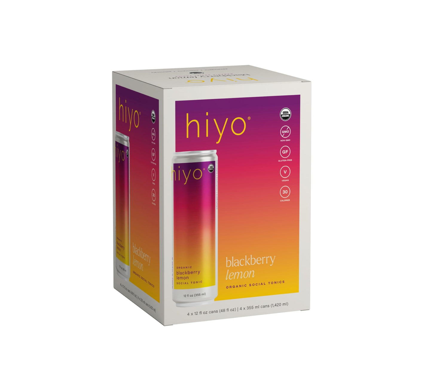 Hiyo Organic Social Tonic - Blackberry Lemon, 4 pack - N.A. Functional Seltzer, Sparkling Water Crafted with Organic Adaptogens,