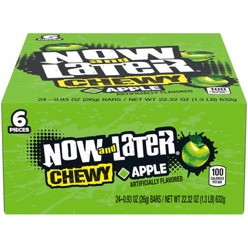 Now & Later Soft Taffy Chews Candy, Apple, 0.93 Ounce Bar, Pack Of 24