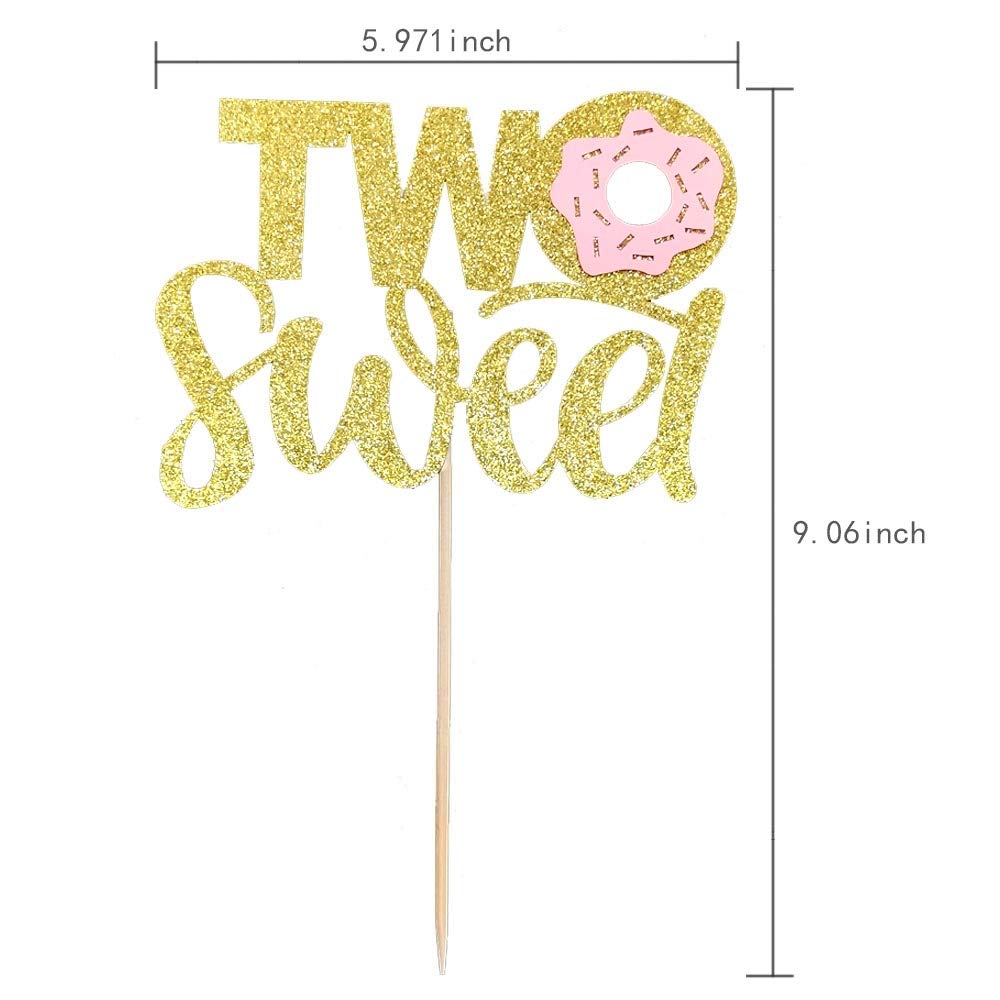 Double Sided Glitter Two Sweet Cake Topper With Donut, Cake Topper For 2Th Second Birthday Party Supplies