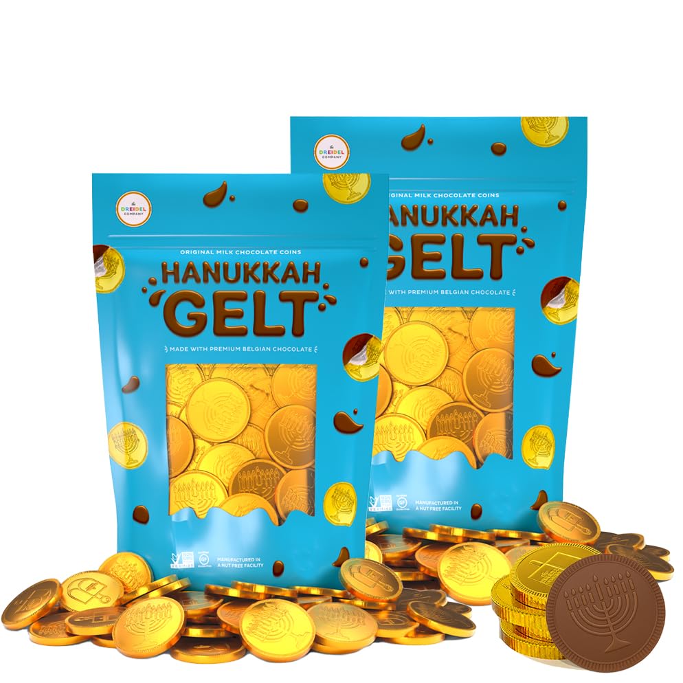 The Dreidel Company 200-Pack Chocolate Candy Milk Chocolate Coins Hanukkah Gelt Gold Coins With Menorah And Dreidel Designs Made With Belgian Chocolate Gluten Free Non Gmo Nut-Free Kosher Certified
