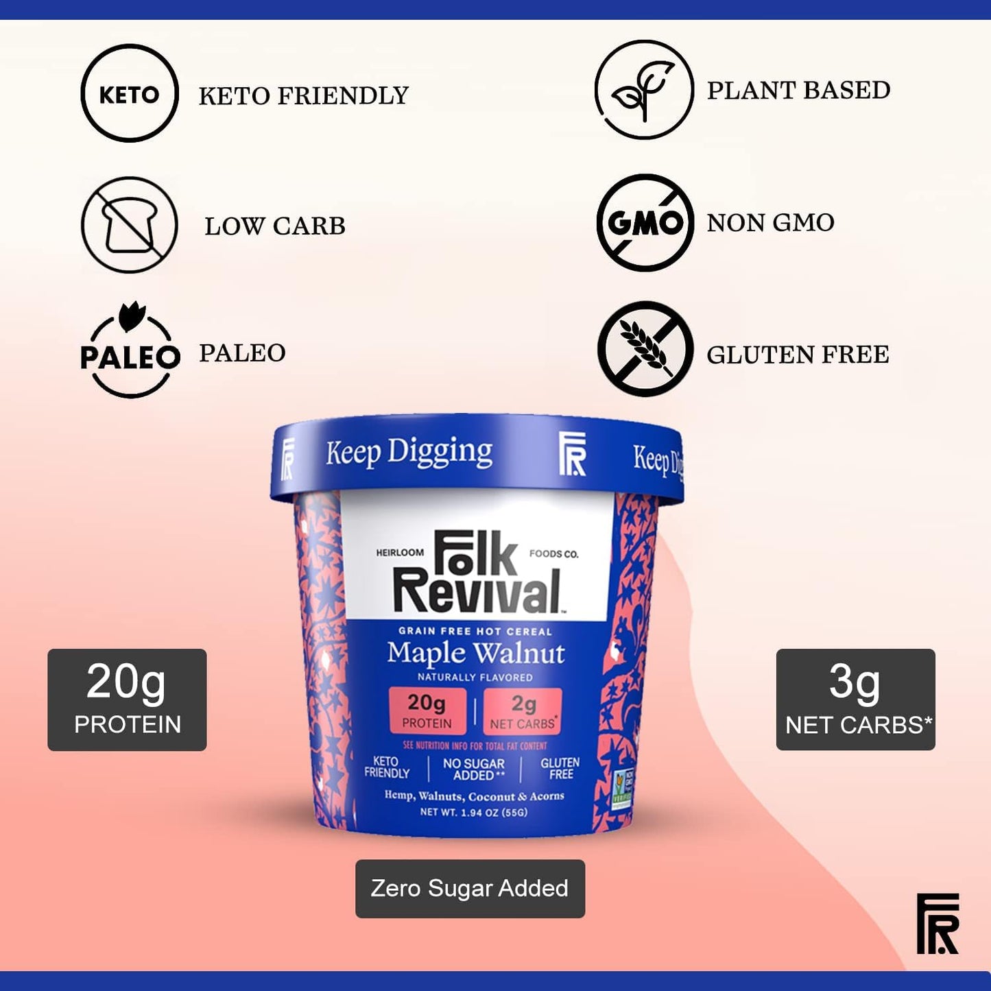 Folk Revival Maple Walnut Keto Instant Oatmeal - 20G Protein, 2G Net Carbs, High Fiber, Non Gmo, Gluten Free, Made With Acorns -