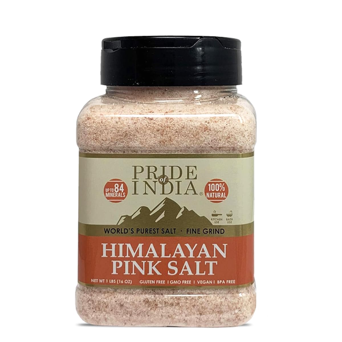 Pride Of India - Dark Himalayan Pink Salt - Enriched w/ 84+ Natural Minerals, Fine Grind 1 Pound (16 oz) Dual Sifting Jar - Easy