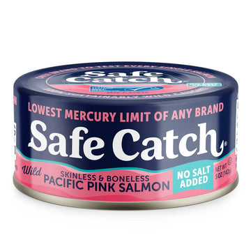 Safe Catch Wild Pacific Pink Salmon, Canned, No Salt Added, Mercury Tested, 5oz Can, Pack of 6