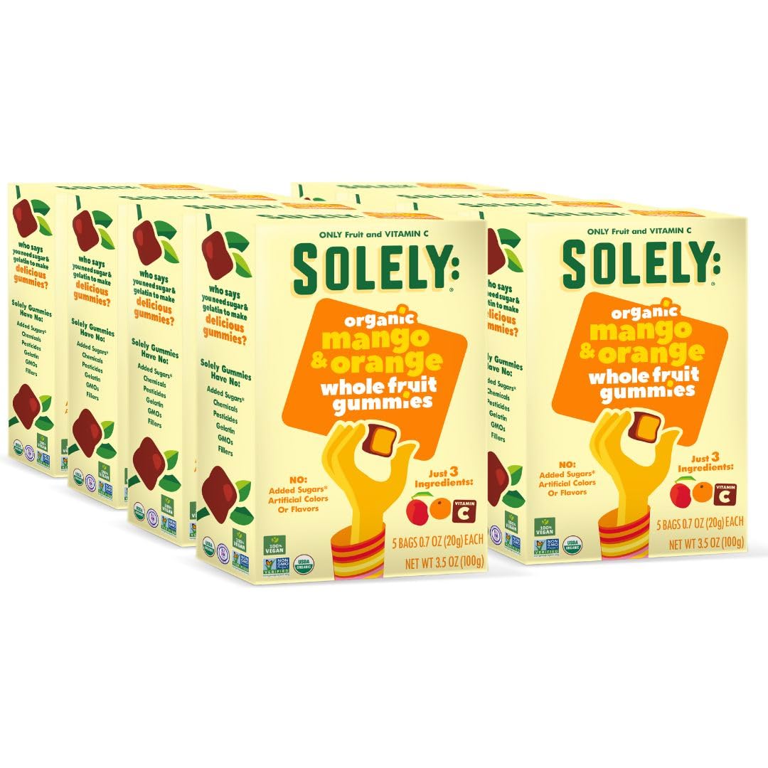 Solely - Organic Mango & Orange Whole Fruit Gummies (Pack Of 8 Boxes, 5 Bags Per Box) - Real Fresh Fruit - Healthy Snacks For Ad