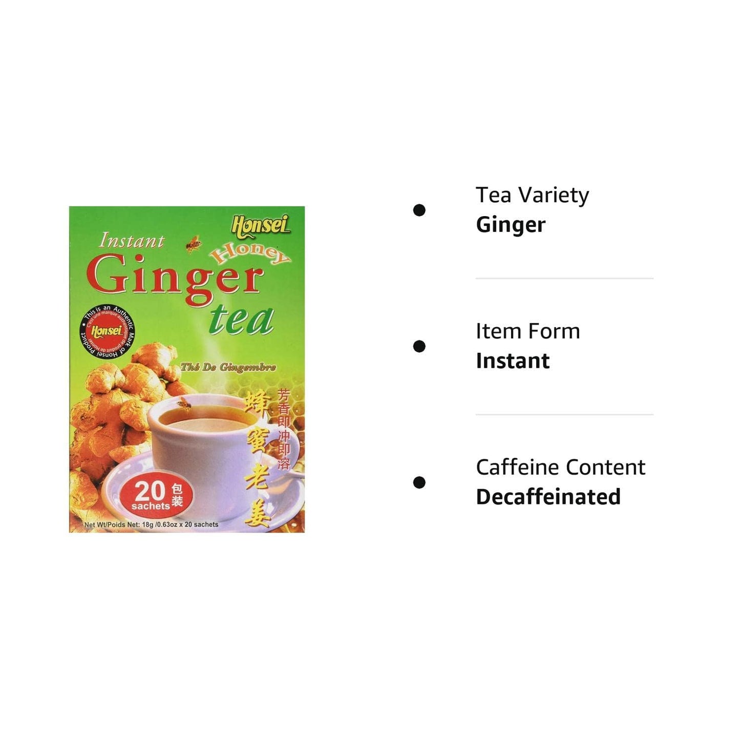Honsei Instant Ginger Honey Tea, 18 G/0.63 Oz., 20 Sachets