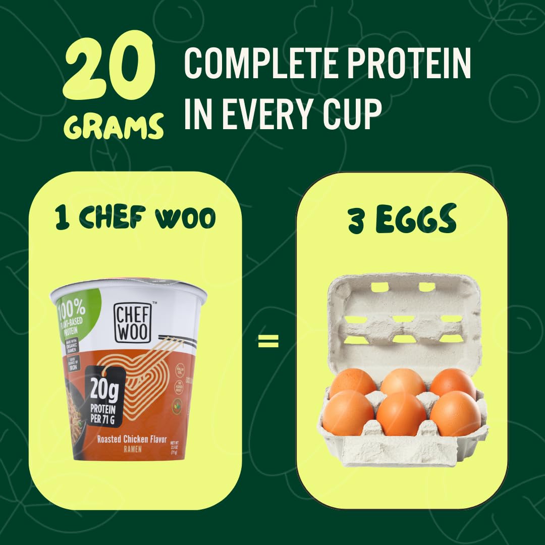 CHEF WOO Roasted Chicken Ramen Cup, High Protein Noodles, 20g Animal-Free Protein, 12 Pack, 2.5 oz Each, Made in U.S.
