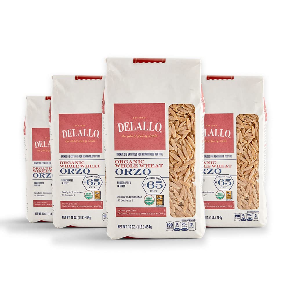 DeLallo Whole Wheat Orzo Pasta 1 Pound Bag 4 Pack Organic 100% Durum Wheat Flour Made in Italy High Protein