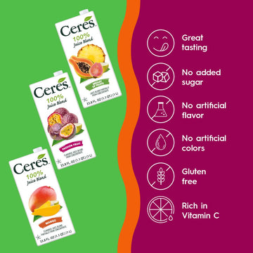 Ceres 100% All Natural Pure Fruit Juice Blend Variety Pack - Mango, Medley Of Fruits, & Passion Fruit - Rich In Vitamin C, No Ad
