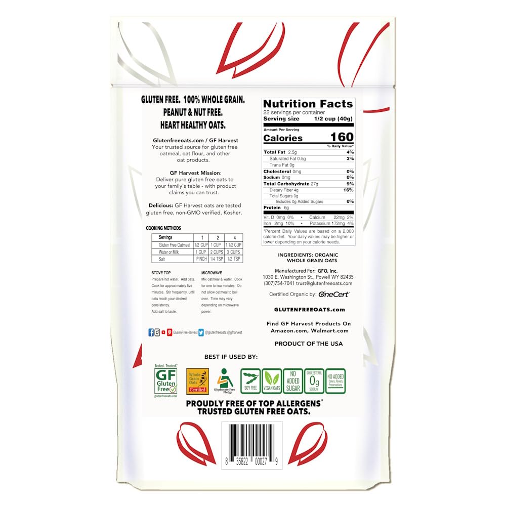 Gf Harvest Gluten Free Organic Rolled Oats, 32 Ounce Bag, Oat