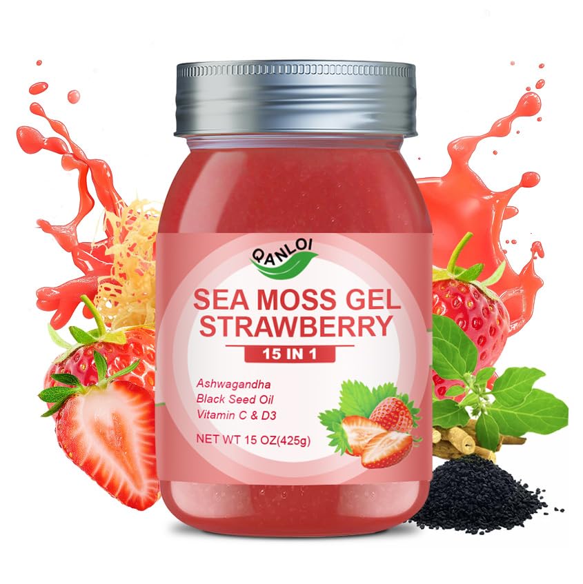 QANLOI 15OZ Strawberry Flavored Sea Moss Gel 15-in-1 Ingredient Rich in Ashwagandha Vitamins and Minerals Promotes Metabolism & Improves Digestion