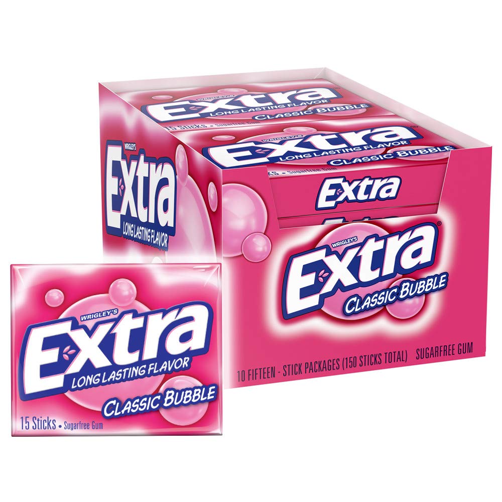 Extra Classic Bubble Sugar Free Chewing Gum, 15 Count (Pack Of 10)
