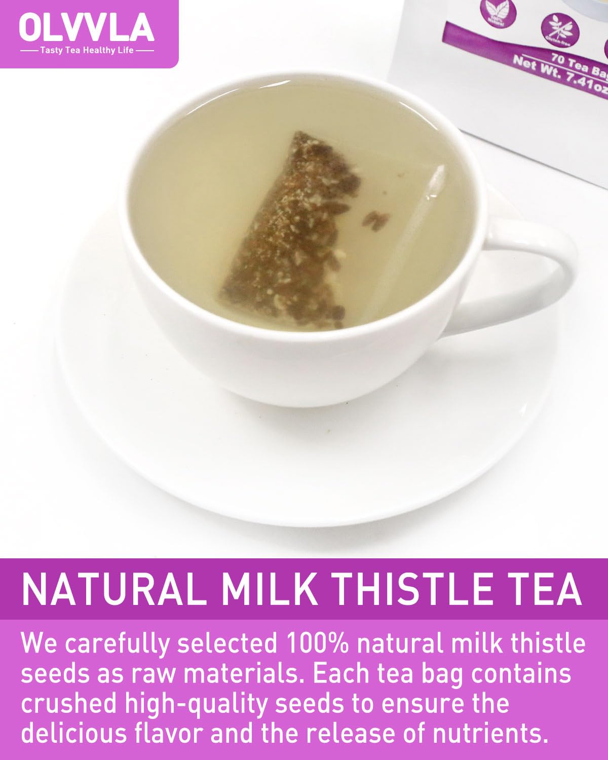 Olvvla Premium Milk Thistle Tea Bags - 70 Count - 100% Natural, Caffeine-free, Non-GMO Herbal Tea