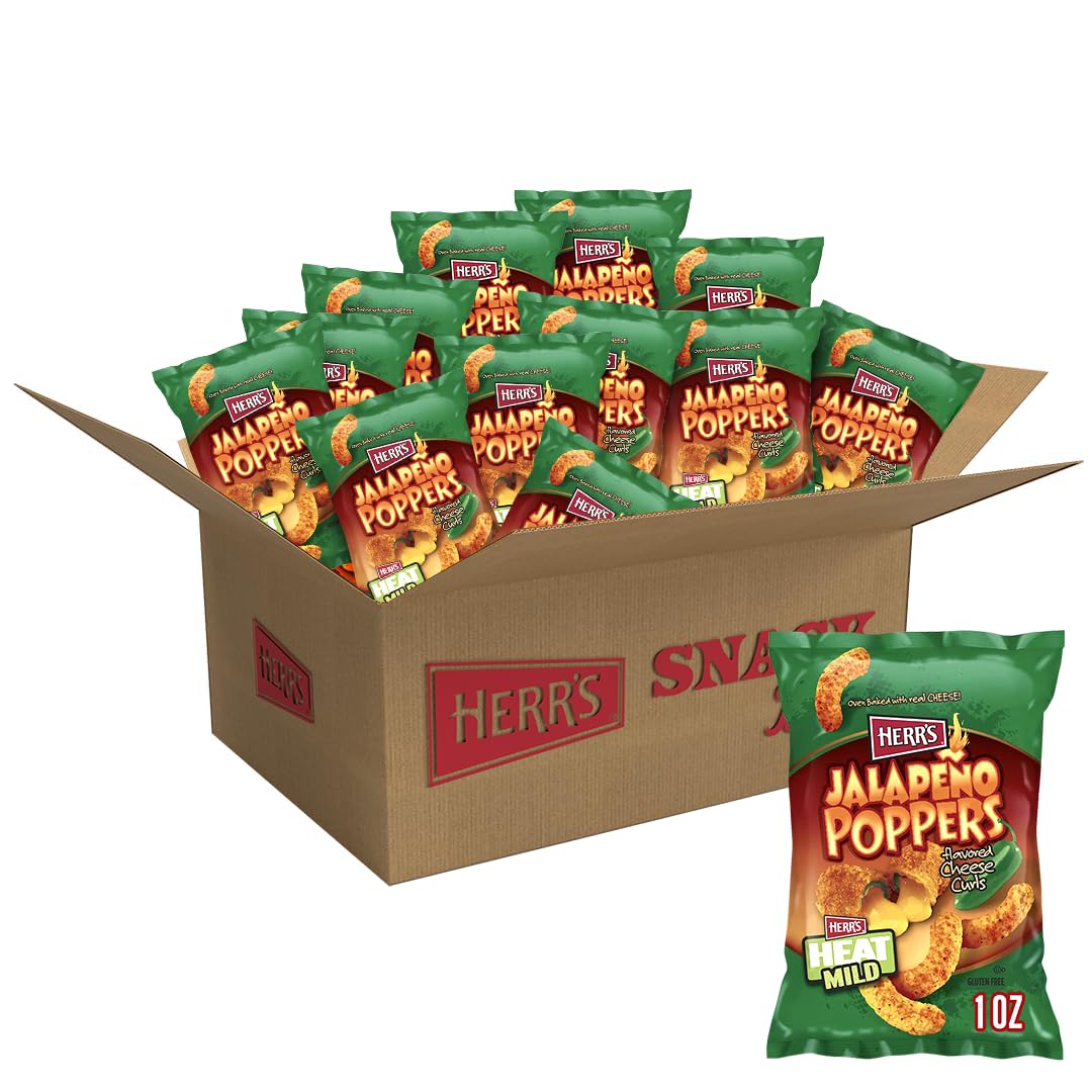 Herrs Jalapeo Poppers Flavored Cheese Curls - Made with Cheddar Cheese - 1 Ounce (Pack of 24) Great for Bold Flavor Fans