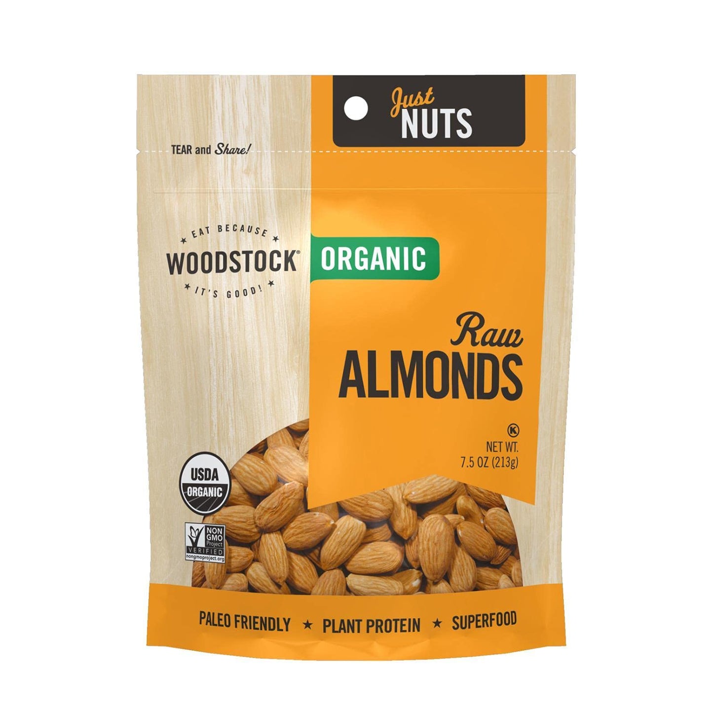 Woodstock Farms Organic Raw Almond 7.5 Ounce - 8 Per Case.