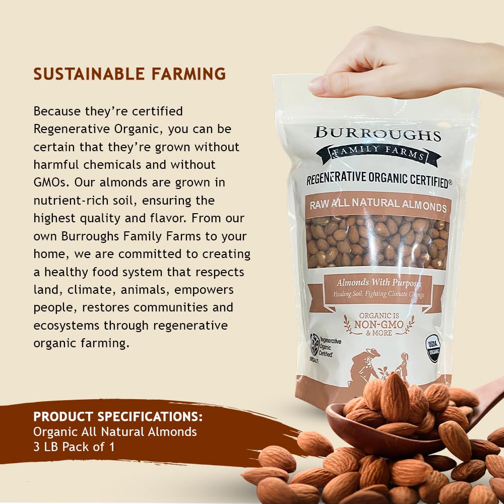 Burroughs Family Farms Organic Raw Almonds, 3 lb - Gluten-Free, Non-GMO, Vegan, Keto-Friendly, High Protein Nuts for Almond Milk