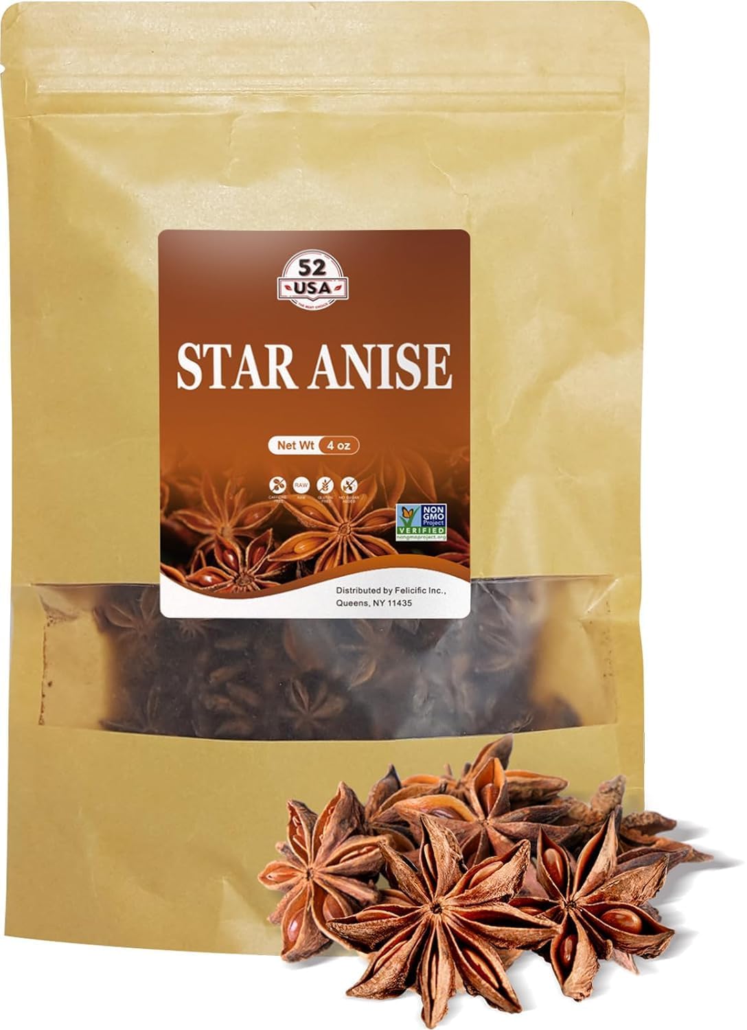 52Usa Star Anise Whole, 4 Ounce (Pack Of 1), Non-Gmo Verified Chinese Star Anise Whole, Dried Star Anise Pods For Tea And Baking