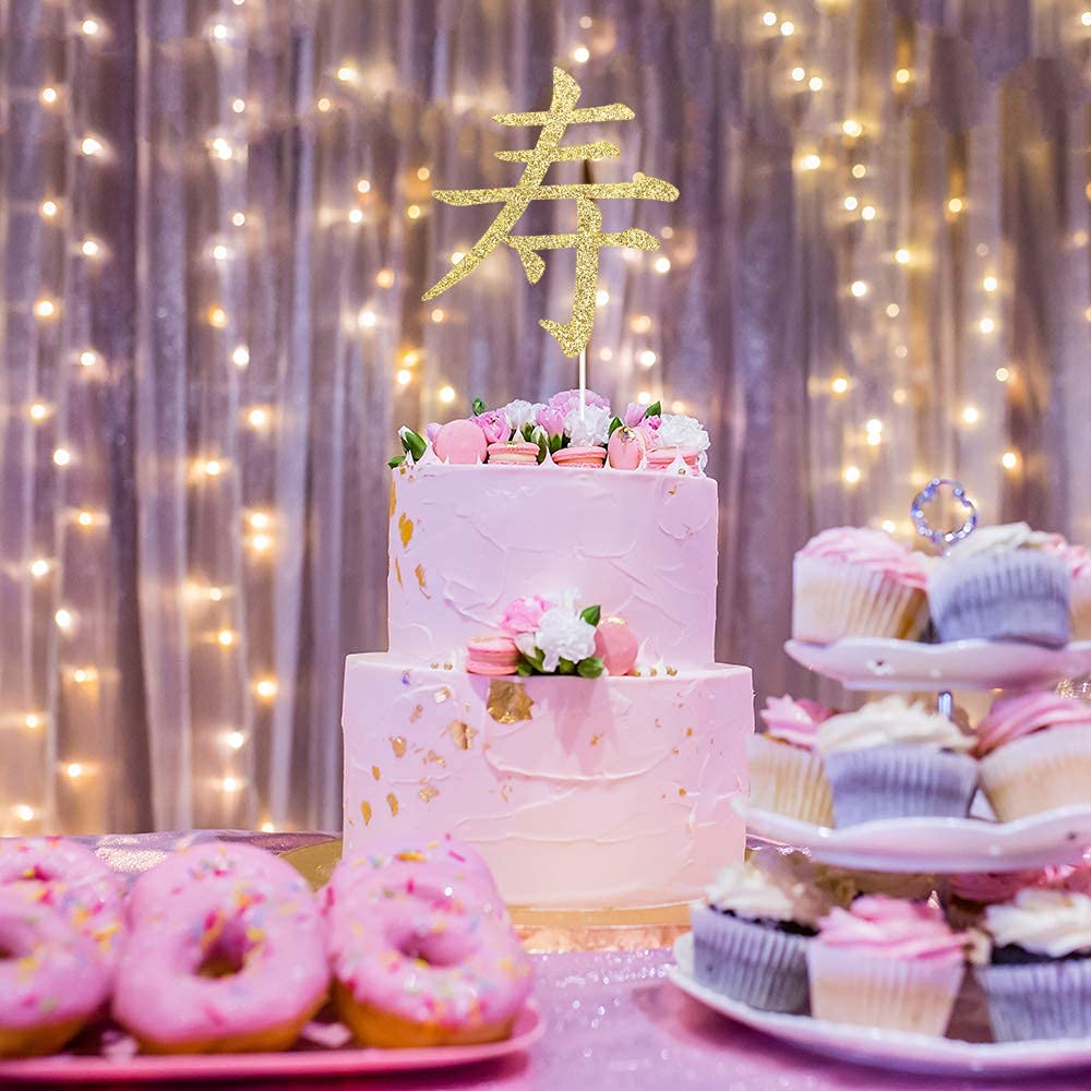 Dalaber Longevity Cake Topper - Happy Birthday Decorations - Chinese Customs Chinese Auspicious Words Birthday Party Decoration,