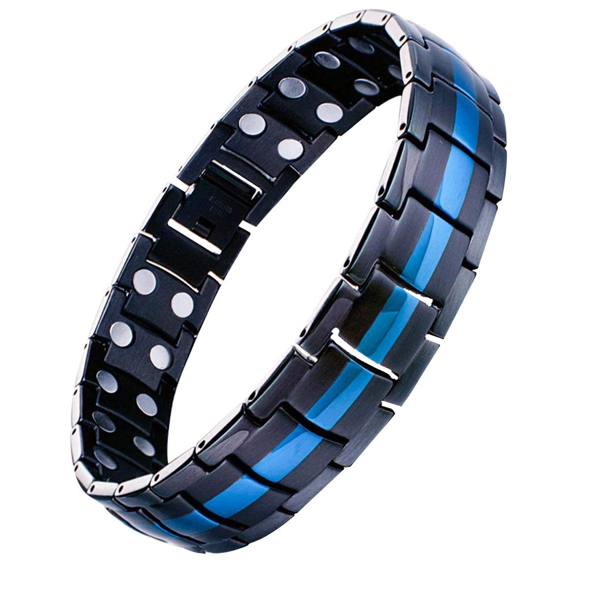 Feraco Magnetic Bracelet For Men Titanium Steel Magnetic Bracelet For Men With Double Row Magnets Adjustable (Black & Blue Line)