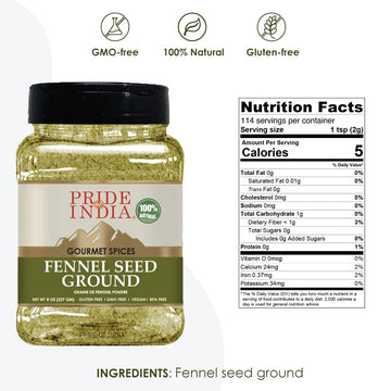 Pride Of India Fennel Seed Ground Spice - 8 oz Medium Dual Sifter Jar - Natural & Gourmet - Ideal for Tea, Drinks, Roasts, and Bakes