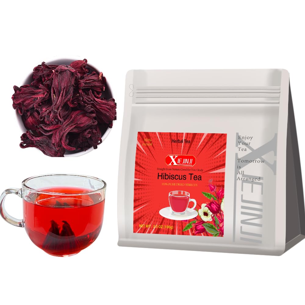 Xiejinji Hibiscus Tea Natural Dried Hibiscus Flowers Herbal Tea 3.5Oz/100G Refreshing Tart Flavor Energy Blend Free Resealable Bag