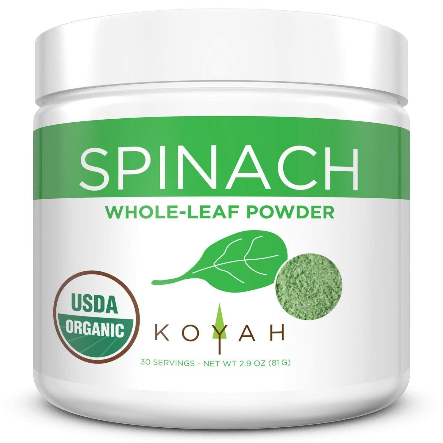KOYAH - Organic USA Grown Spinach Powder (Equivalent to 30 Cups Fresh): Freeze-Dried, Whole-Leaf Powder