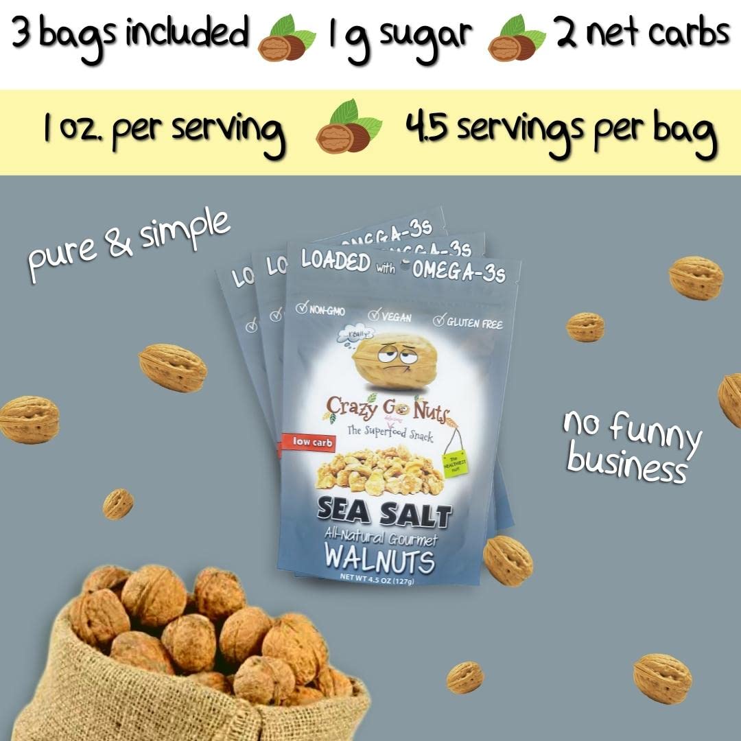 Crazy Go Nuts Walnuts - Plain With Sea Salt, 4.5 Oz (3-Pack) - Healthy Snacks, Vegan, Low Carb, Gluten Free, Superfood - Natural