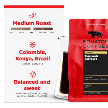 Equator Coffees, Tigerwalk Espresso, Whole Bean Coffee, Medium Roast, Fresh Roasted, Cherry, Chocolate, Strawberry And Lemon Flavor Notes, Sustainable, 10.5 Oz Bag