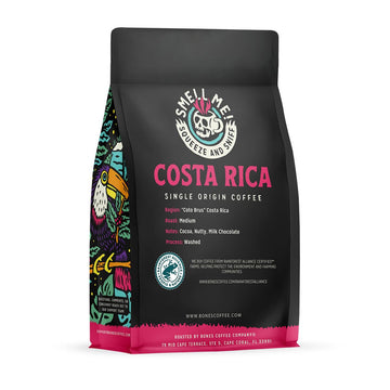 Bones Coffee Company Costa Rica Single-Origin Coffee Beans, Whole Bean Coffee Medium Roast Gifts Low Acid Gourmet, Cocoa, Nutty, Milk Chocolate Notes (12 Oz)