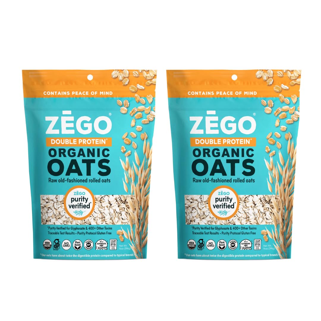 ZEGO Double Protein Raw Oats, Organic, Purity Protocol Gluten Free, GIyphosate Free, 14oz Bags, Bundle of 2 Bags (28oz total)