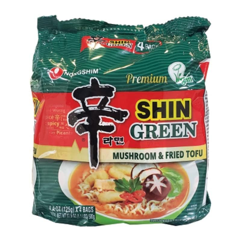Nongshim Premium Vegan Shin Green Ramen Noodles, Rich Spicy Plant-Based Broth, 4 Pack, Chunky Vegetables, Fried Tofu, And Dried Mushroom, Ramen Soup Mix