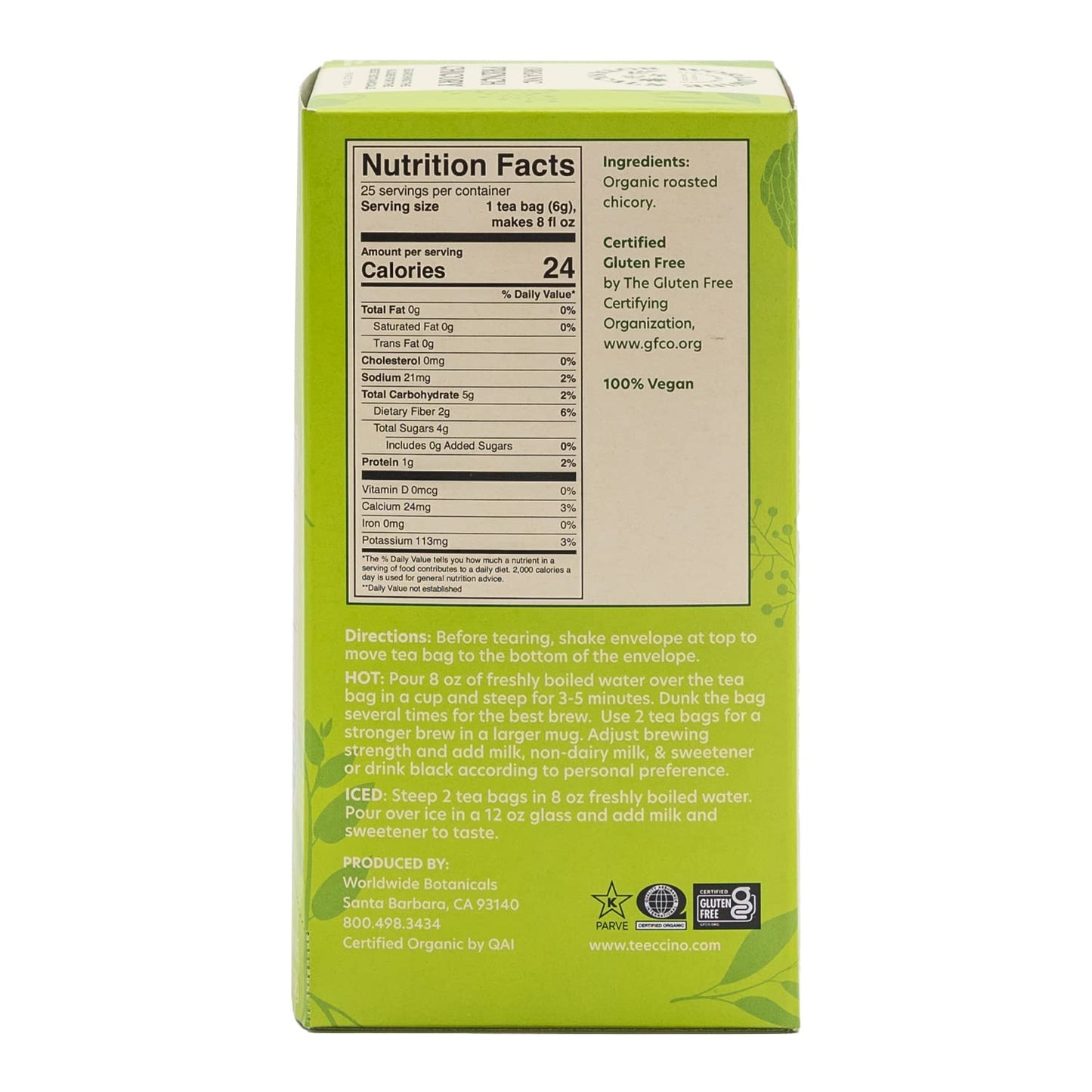 Worldwide Botanicals Organic French Chicory Root Tea - Prebiotic, Roasted, Caffeine Free - 25 Tea Bags