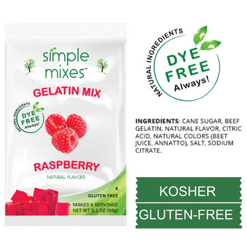 Simple Mixes Natural Gelatin Dessert, Raspberry, Healthy Snack, Dye-Free, No Gluten or Fat, Kosher, 3 Pack