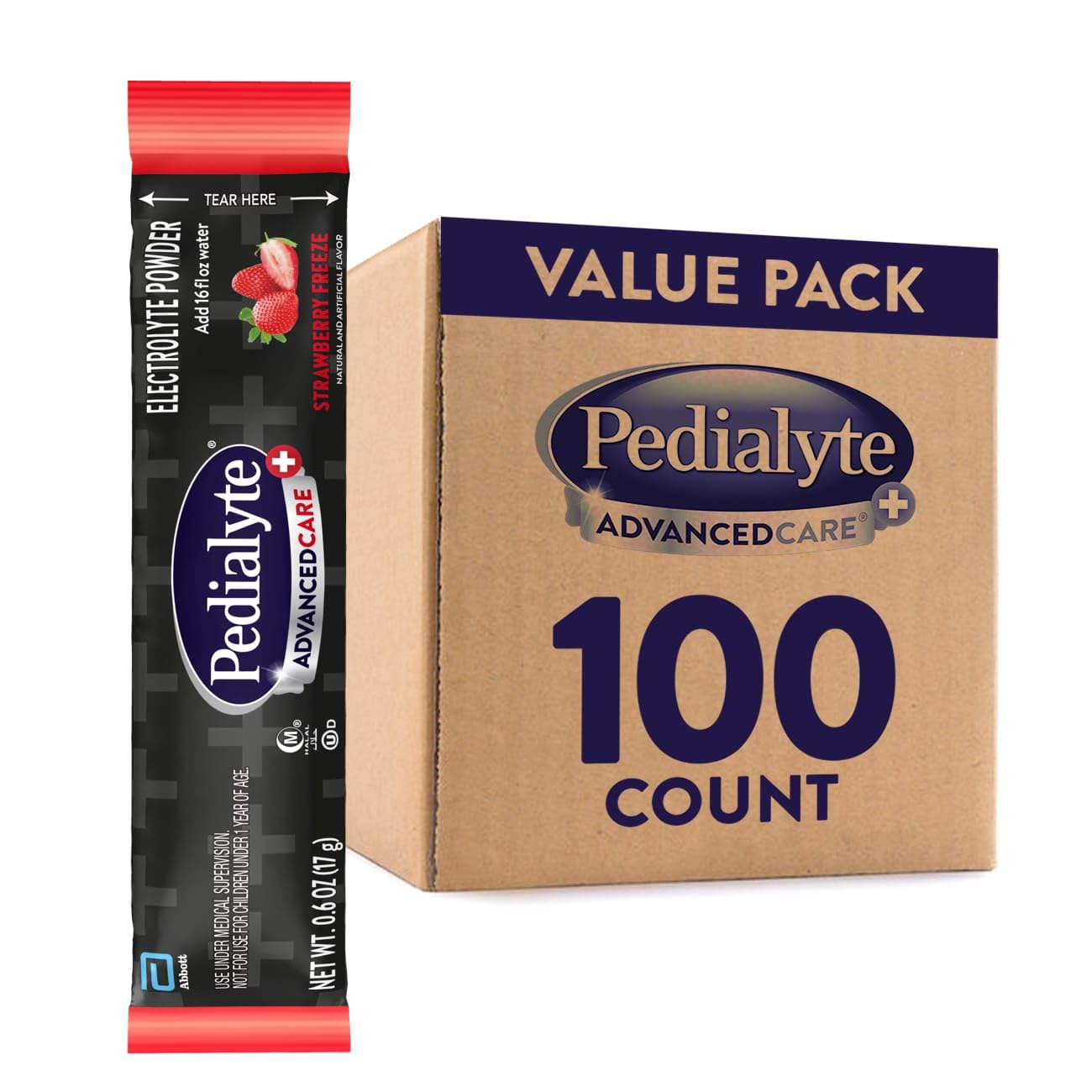 Pedialyte AdvancedCare Plus Electrolyte Powder, Has 33% More Electrolytes and PreActiv Prebiotics, Strawberry Freeze, 100 Powder