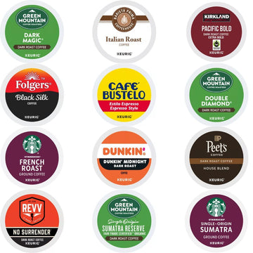 Dark Roast Coffee Variety Pack Sampler Includes Dunkin Midnight, Starbucks Sumatra & French Roast, Black Silk, Cafe Bustelo Espr