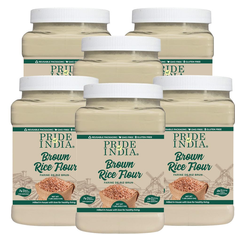 Pride of India - PACK of 6 - Brown Rice Flour 1 lbs (454 gm) Slightly Nutty Earthy Taste Milled in Small Batches- Used for Cooki