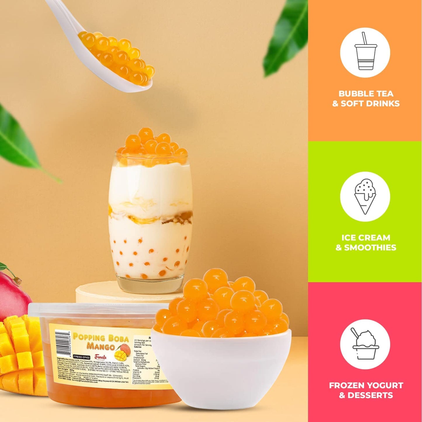 Fanale Popping Boba Pearls For Bubble Tea - 2 Lb (1 Lb X 2) | Mango | Bursting Boba Pearls Bubble 450G X 2 | Real Fruit Juice Fo