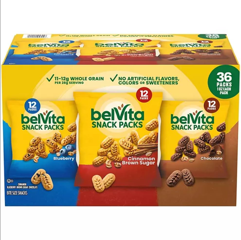 Belvita Breakfast Biscuits Variety Packs | 3 Natural Flavors - 12 Chocolate Belvita Snack Packs, 12 Cinnamon Brown Snack Packs,