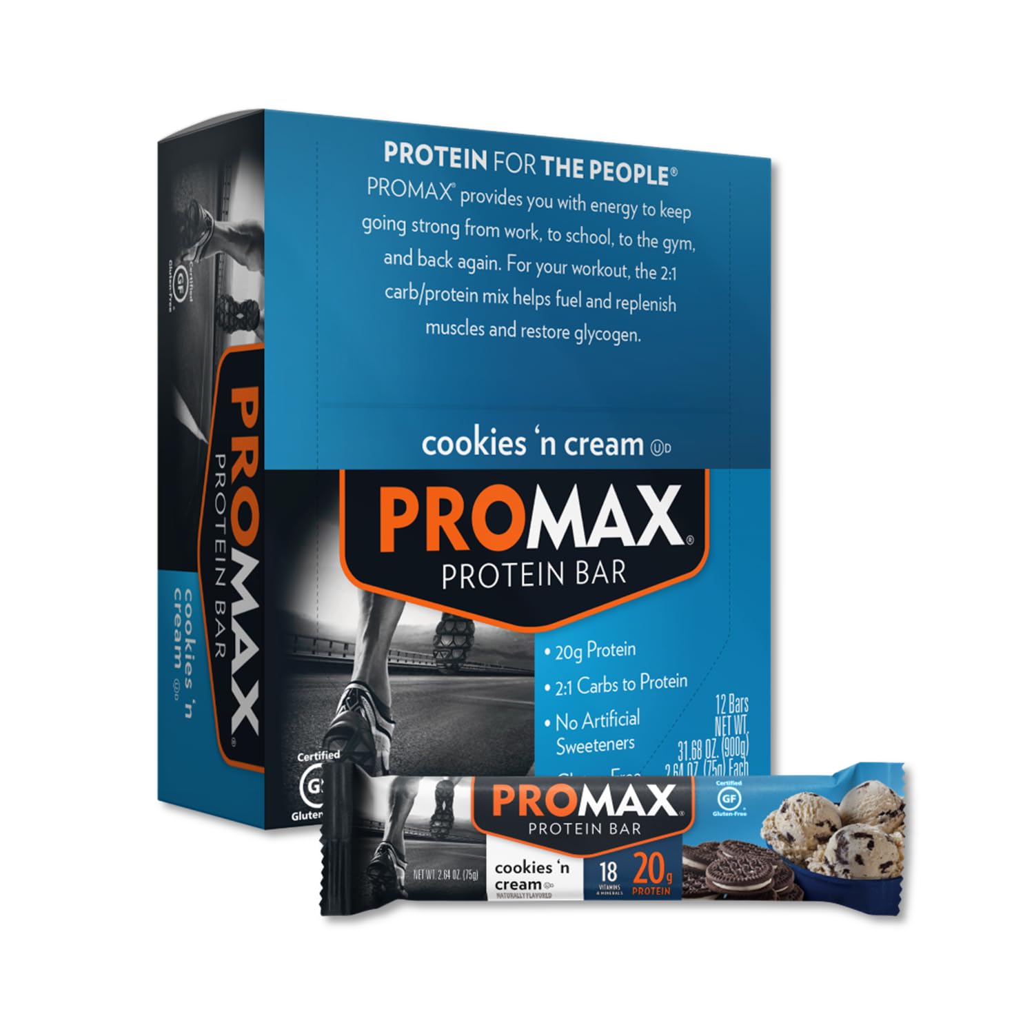 Promax Protein Bar, Cookies n Cream, 20g High Protein, Gluten Free, 12 Count