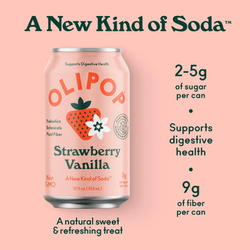 Olipop Prebiotic Soda Pop, Strawberry Vanilla, Prebiotics, Botanicals, Plant Fiber, 12 Fl Oz (12 Cans)