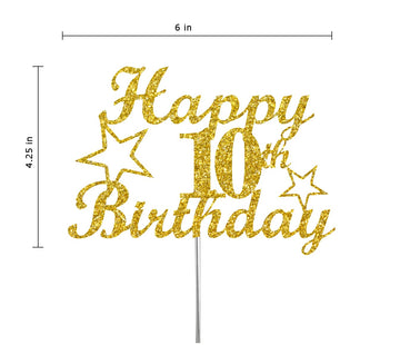 10 Birthday Cake Topper Gold Glitter, Party Decoration Ideas, Enhanced Quality, Sturdy Doubled Sided Glitter, Acrylic Stick. Made In Usa (10Th)