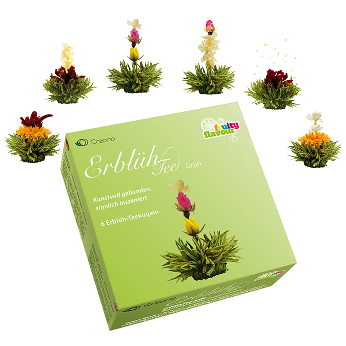 Creano Tea Flowers Mix - Blooming Tea, Green Tea, Fruity Flavoured (Tea Roses In 6 Varieties), Flowering Tea Set