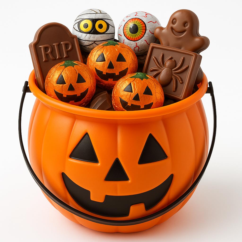 Candy Mix Halloween Pumpkin Candy Bucket Filled with Assorted Candies - Spooky 80ct Already Filled Treats Halloween Candy Gift w